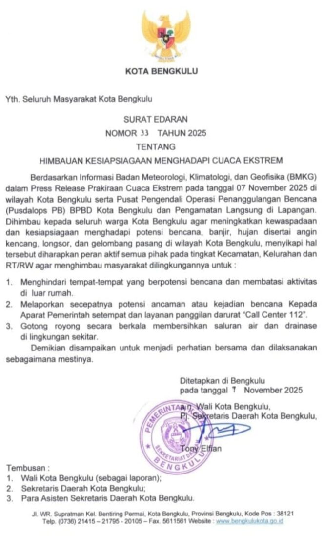 
					Siaga Cuaca Ekstrem : Walikota Bengkulu Terbitkan Surat Edaran Resmi