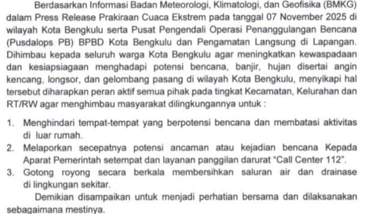 Siaga Cuaca Ekstrem : Walikota Bengkulu Terbitkan Surat Edaran Resmi